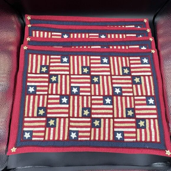Patriotic Flag Stars Tapestry Placemat Stitched Patch Buttons ~ Set of 4 Holiday