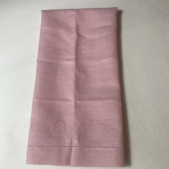 Williams Sonoma Pink Embroidered‎ LOVE Hemstitched Dish Tea Towel Linen Decor