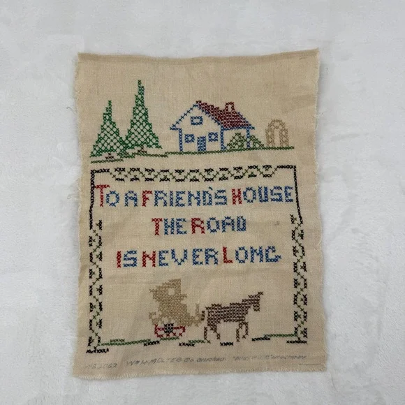 VTG Linen Sampler Cross Stitch Unframed 12x9 Road is Never Long 30s 40s Look