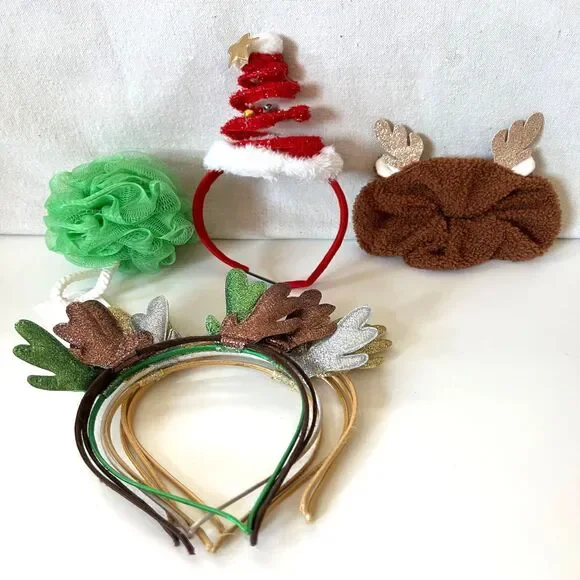 11pc Girl Christmas Holiday Hair Accessories Bundle Reindeer Headbands Scrunchie