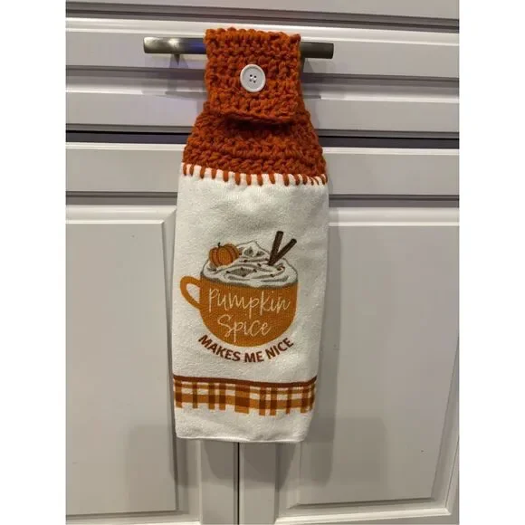 Crochet Top Kitchen Towel-Pumpkin spice makes me nice