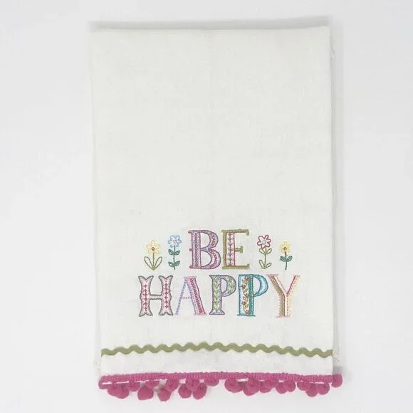 NATURAL LIFE | Be Happy Kitchen Hand Tea Towel Embroidered