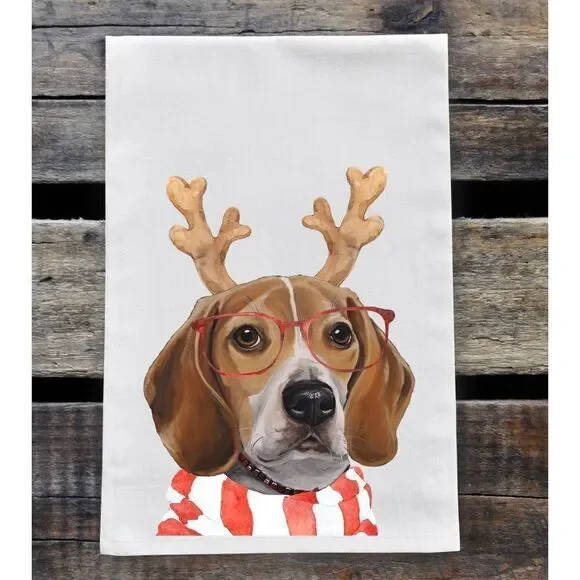 Hippie Hound Studios Christmas Dog Towel “Beagle ” Holiday Towel Set 2 NWT
