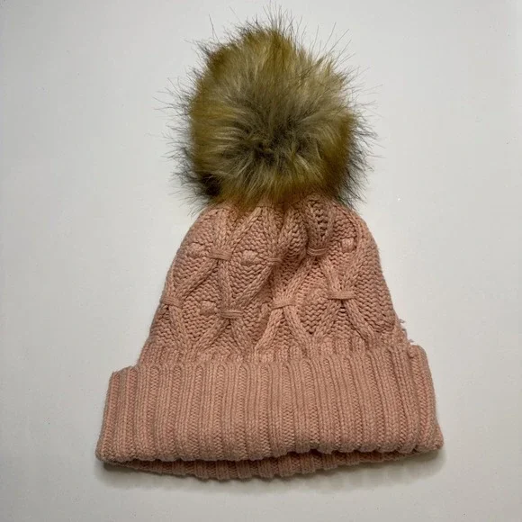 Gap Kids Girls Pink Cable Knit Beanie Faux Fur Pom Pom Hat Size S 5-6 Years‎