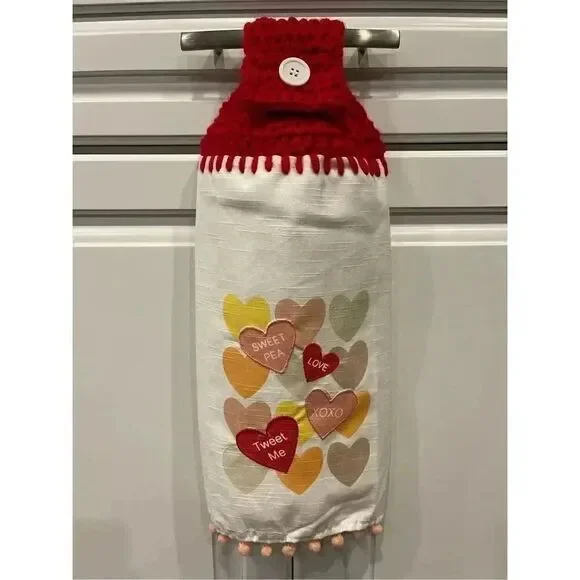 Crochet Top Kitchen Towel- Candy Hearts