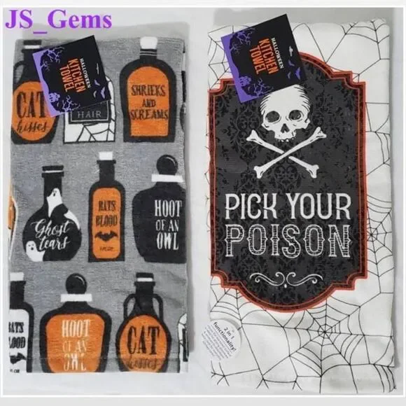 2 New Haunted House Kitchen Towels Halloween Gray & White Poison Potions Set NWT