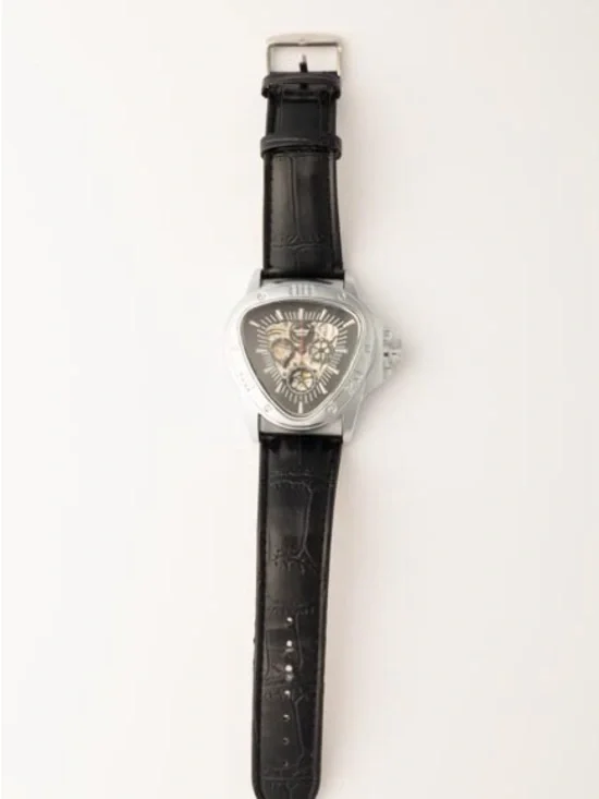 Triangular Silver Case Skeleton Dial Watch with Black Leather Strap