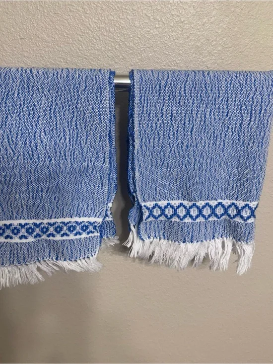SET OF 5 Artisan Woven Boho Hand Towels - Blue & White hand made vintage