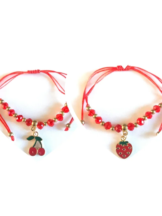 Red Beaded Fruit Charm Bracelet Set - Cherry & Strawberry