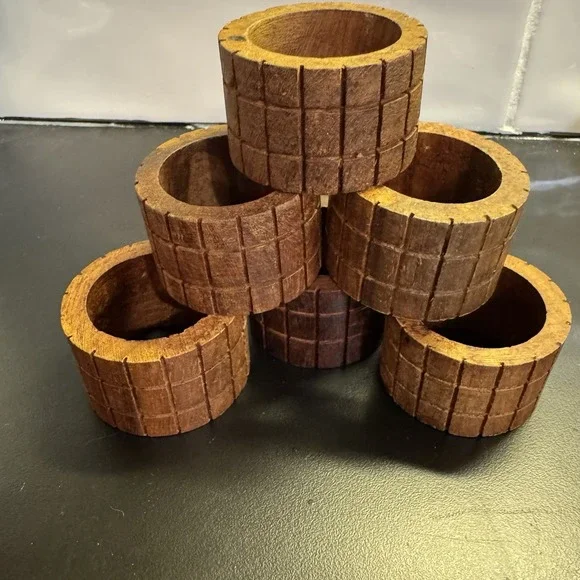 Set of 6 Vintage Mid Century Modern Teak Wood Napkin Ring Holders MCM‎ Boho