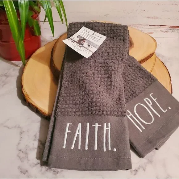 Set of 2 Rae Dunn Kitchen Towels (Hope/Faith) in Gray