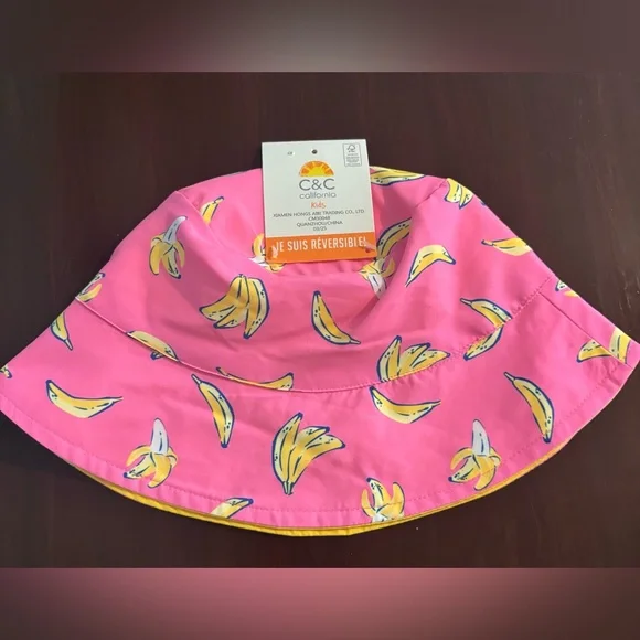 C&C California Kids Reversible‎ Bucket Hat Yellow Hot Pink Bananas Polyester
