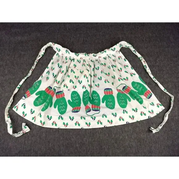 Vintage Cloth HALF APRON Holiday Christmas Lights Mittens White Green Red Pocket