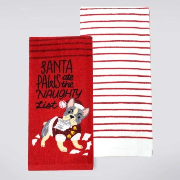 St Nicholas Square Christmas Holiday Santa Paws Bulldog Kitchen Towel 2 pack NWT
