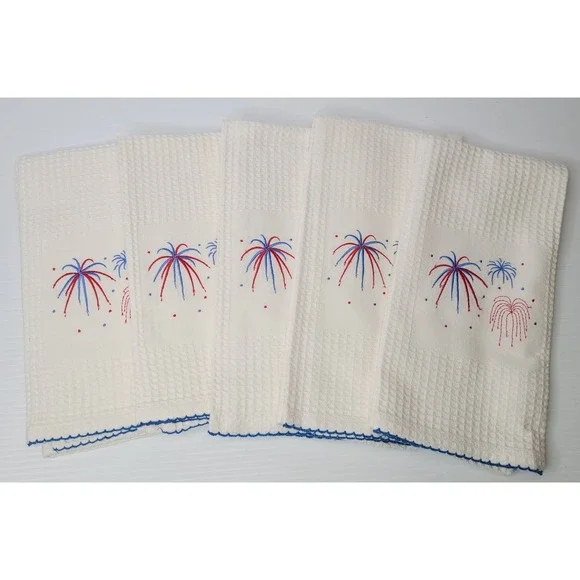 TAG Brand Dish Towel Embroidered Fireworks USA Patriotic Design White NEW RARE