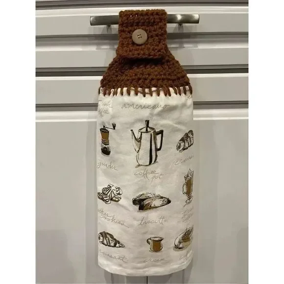 Crochet Top Kitchen Towel- Coffee Themed brown topper