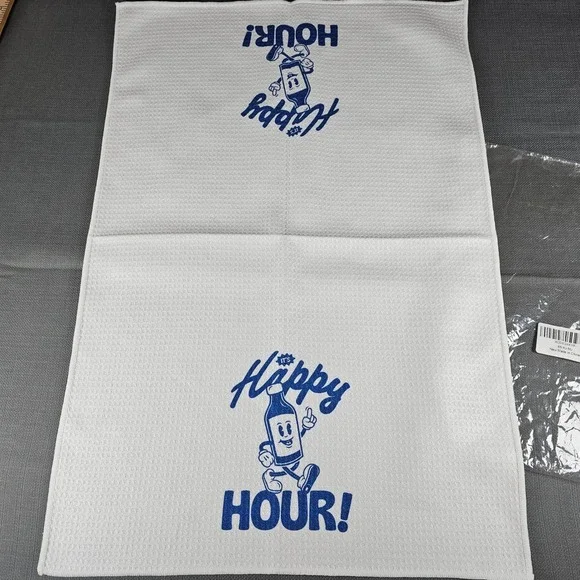 Happy Hour Retro Waffle Weave Kitchen Bar Hand Towel Blue White 16x24