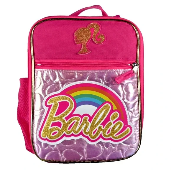 Barbie Reusable Lunch Bag Pink & Gold New with tag‎ Water Bottle Pocket