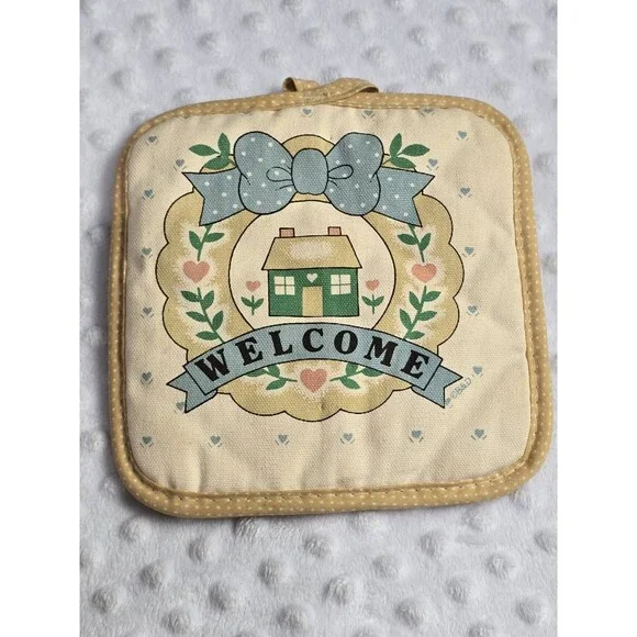 Vintage Pot Holder Welcome Cottagecore Country Home Vine Heart Tulips Bow Floral
