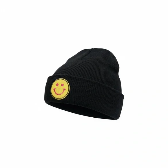 Black Beanie with Yellow Smiley Patch