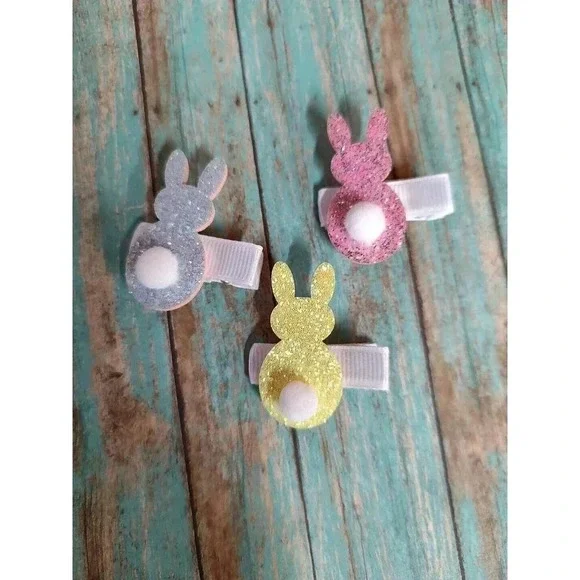 Glitter Bunny Design Hair Clips New Kids 3 Piece