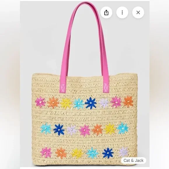 Cat & Jack Paper Straw Flower Embroidery Tote Bag
