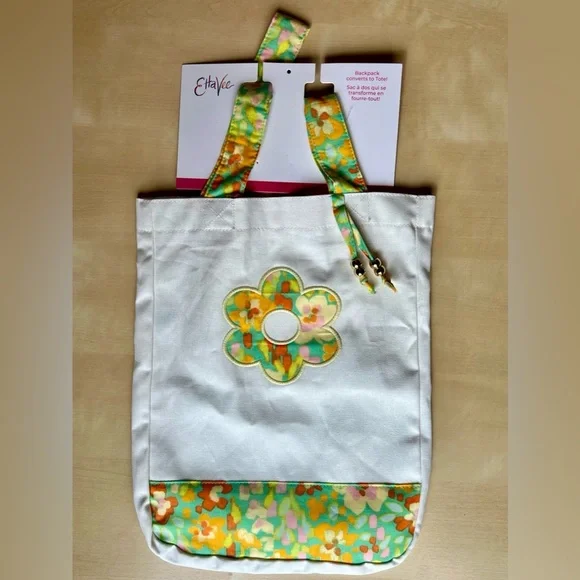 Girls White Canvas Convertible Tote Bag/Backpack Retro Floral Appliqué