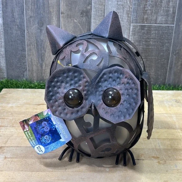 Vintage 2008 Garden Meadow Solar Owl Lantern Decor Blue Light Style 229 NWT