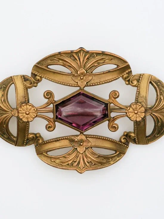Antique Art Nouveau Brass Openwork Purple Rhinestone‎ Sash Pin 1900s