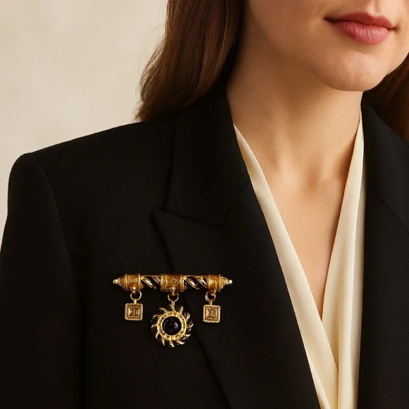 St John Vintage Black Enamel Gold Tone Bar Brooch Light Brown Crystal Charms 22k