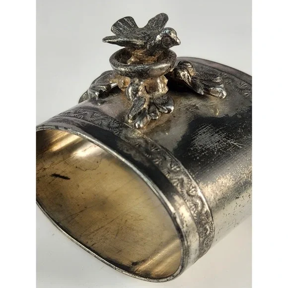 Antique Silver Plated Figurine Napkin Ring Nesting Bird On Branch Collectible