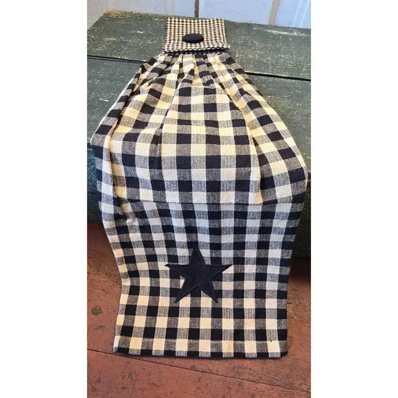 Primitive Heritage Star Tab Towel Black & Beige Cotton Homespun with Star NEW