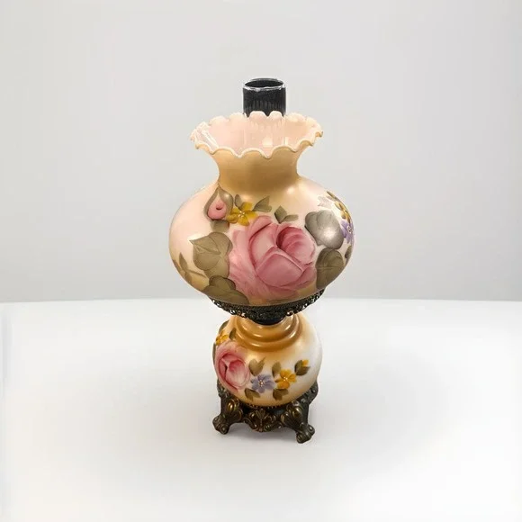 Gone With The Wind Parlor‎ Hurricane Lamp 3-Way Hand Painted Pink Blue Flowers