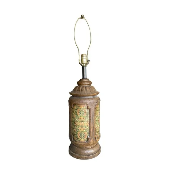 Vintage Mid Century Table Lamp Wood Grain Floral Panels Hollywood Regency Retro