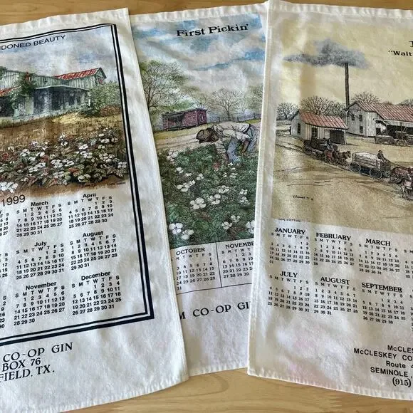 Vintage 1993 1994 1999 Tea Towel Calenders Cotton Field Farm House Nostalgia EUC