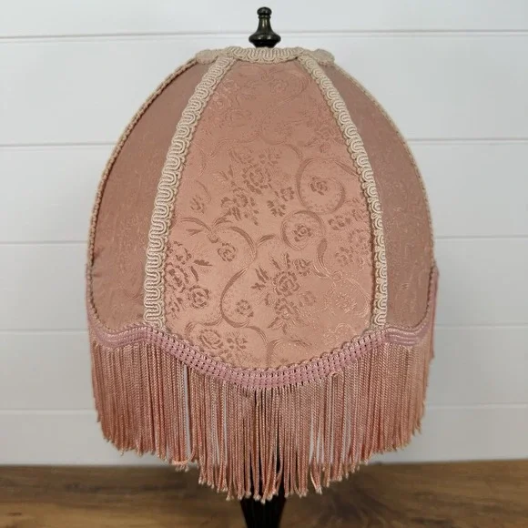 Vtg Victorian Fringed Lamp Shade Only Art Nouveau Brocade Panels Scalloped Edge
