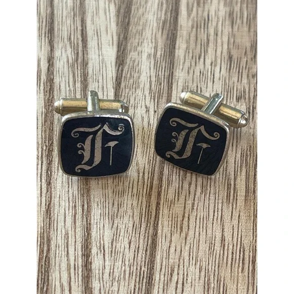 SALE Vintage Gold‎ Tone Square Cuff Links Black Initial F Collectible