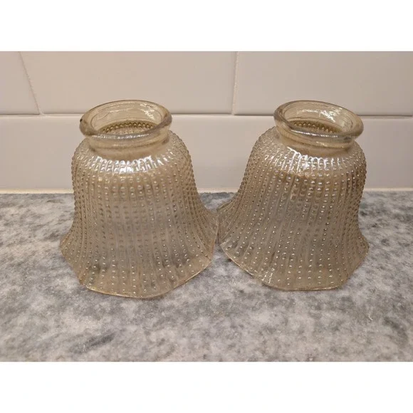 2 VINTAGE GOLD LUSTRE IRIDESCENT CARNIVAL GLASS LAMP LIGHT HOBNAIL SHADES 2