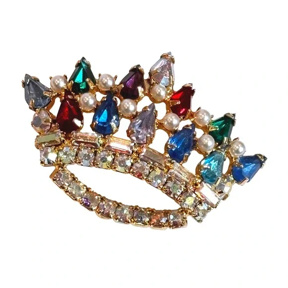 Vintage Gold‎ Tone Tiara Crown Brooch Multi Color Rhinestone Faux Pearl Sparkle!