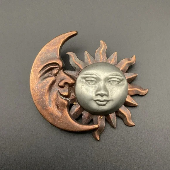 Vintage Crescent Moon and Sun Copper and Pewter Tone Brooch Boho Astrology