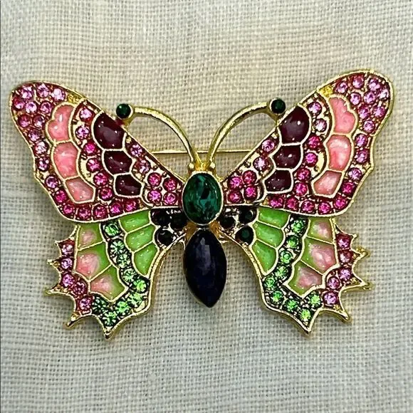 Elegant Butterfly Brooch with Pink and Green Crystals