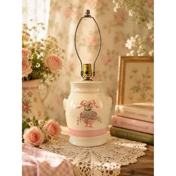 Vintage Farmhouse Cottagecore Crock Lamp Basket Cottagecore Pink