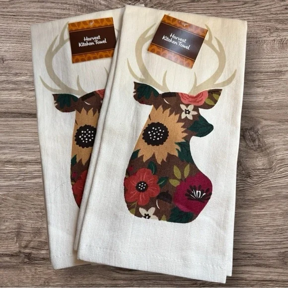 Set of 2 Autumn Bouquet Deer Dual Kitchen Towels - NWT