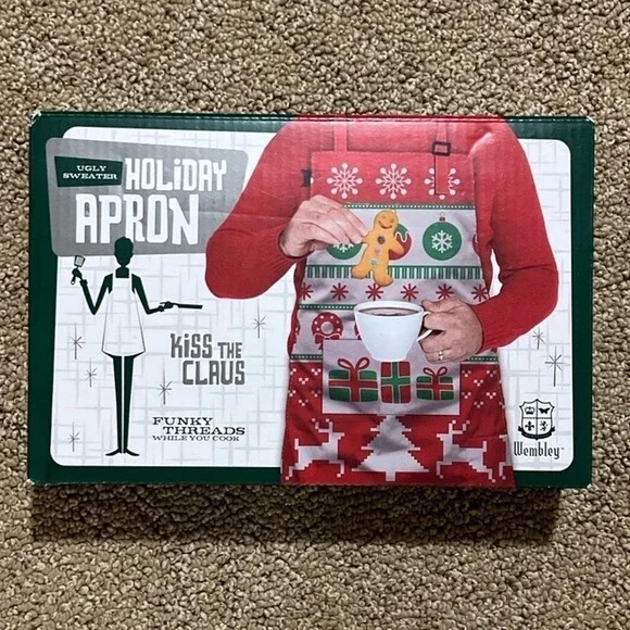 Christmas Apron Ugly Sweater Holiday Apron Kiss The Claus Apron New‎ Unopened