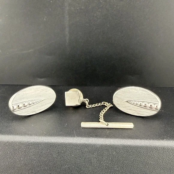Vintage Swank Cuff‎ Links Tie Tack Set Silver Tone Signed