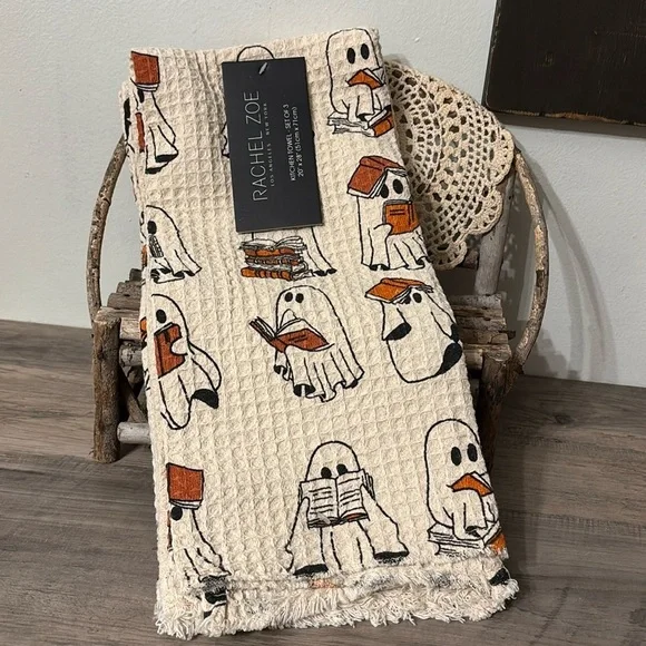 1 SET LEFT! NWT RACHEL ZOE GHOST READING BOOK KITCHEN TOWELS SET OF 3  NWT