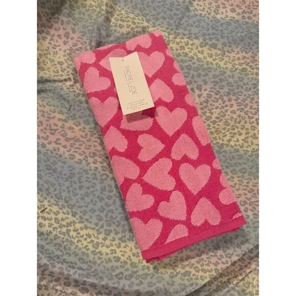 Rachel Zoe Pink Heart Kitchen Towels Set of 3 x 100% Cotton Quick Dry NWT