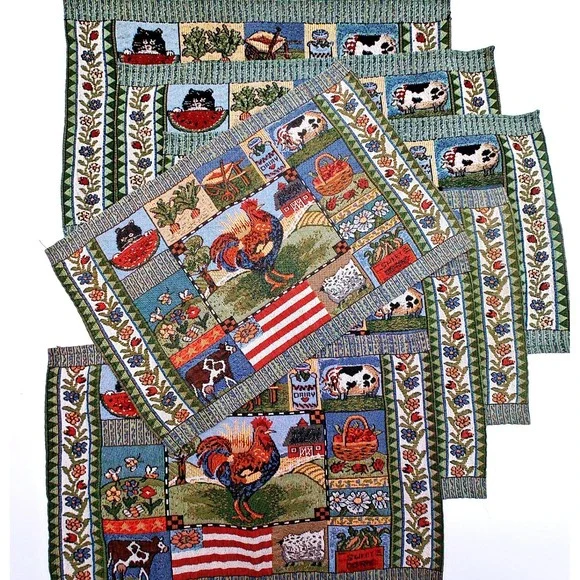 Set of 7‎ Vintage Farmhouse Rooster Tapestry Placemats Country Kitchen Woven