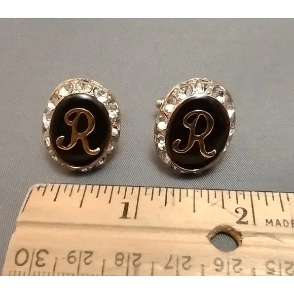 Vtg Gold Tone Cufflinks Initial R Black Enamel Rhinestone Oval Business Formal