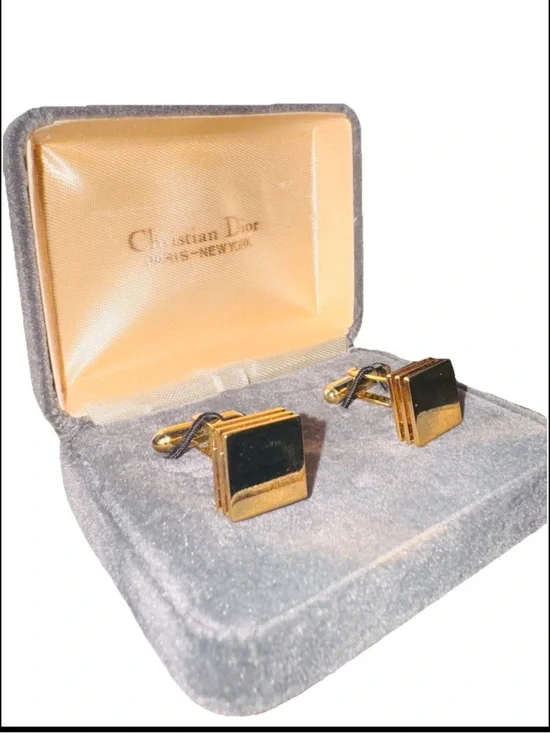 Vintage Christian Dior Gold Tone 3 Tiered Square Cufflinks w Original Box